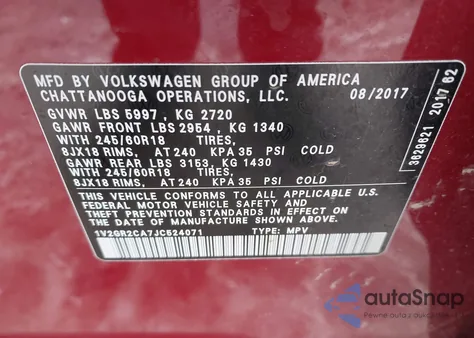 2018 Volkswagen Atlas 3.6L V6 S z USA, uszkodzony, nr VIN 1V2GR2CA7JC524071